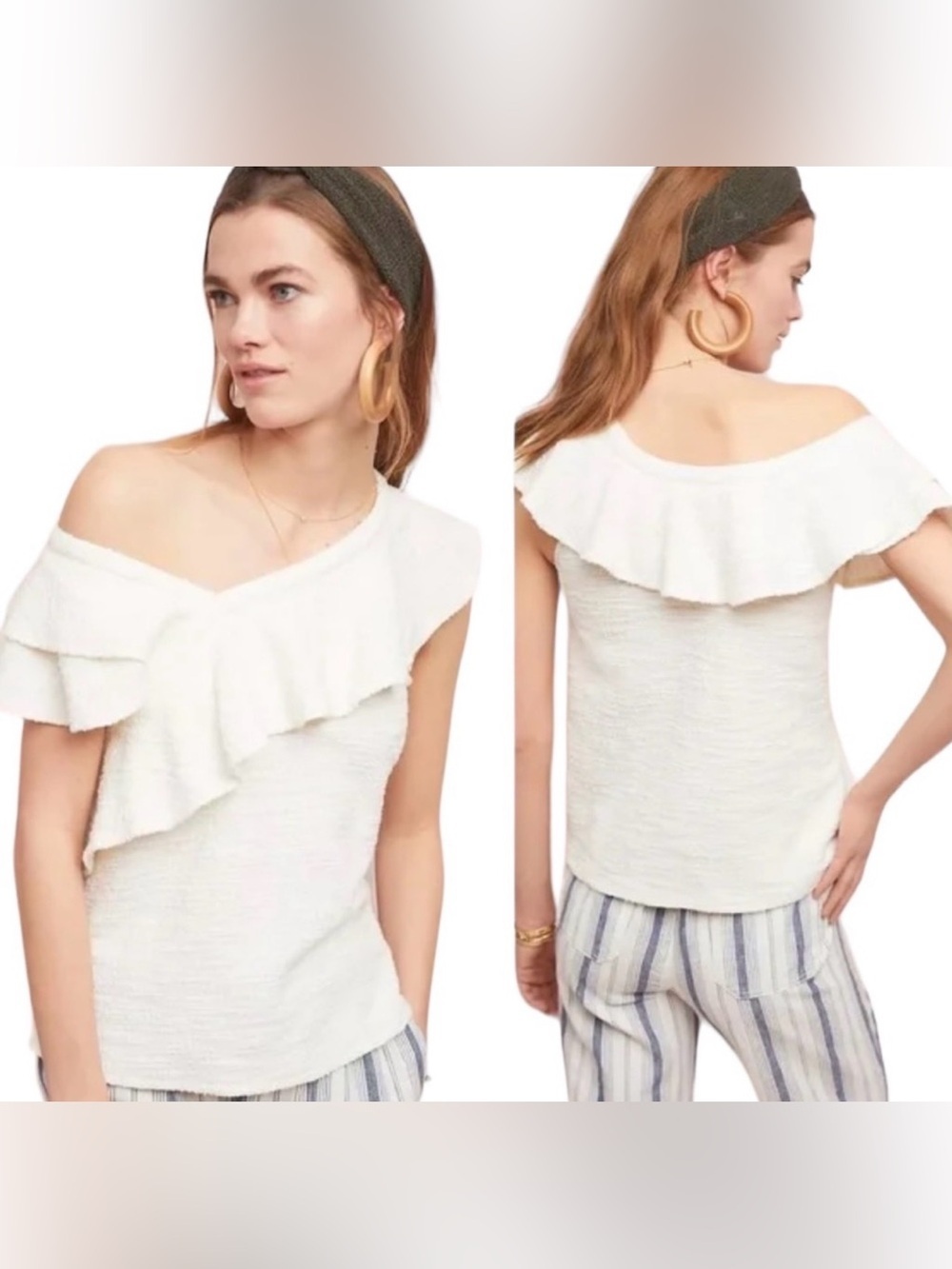 Dolan Anthropologie Off The Shoulder Cotton Ruffle Knit Top in Ivory M